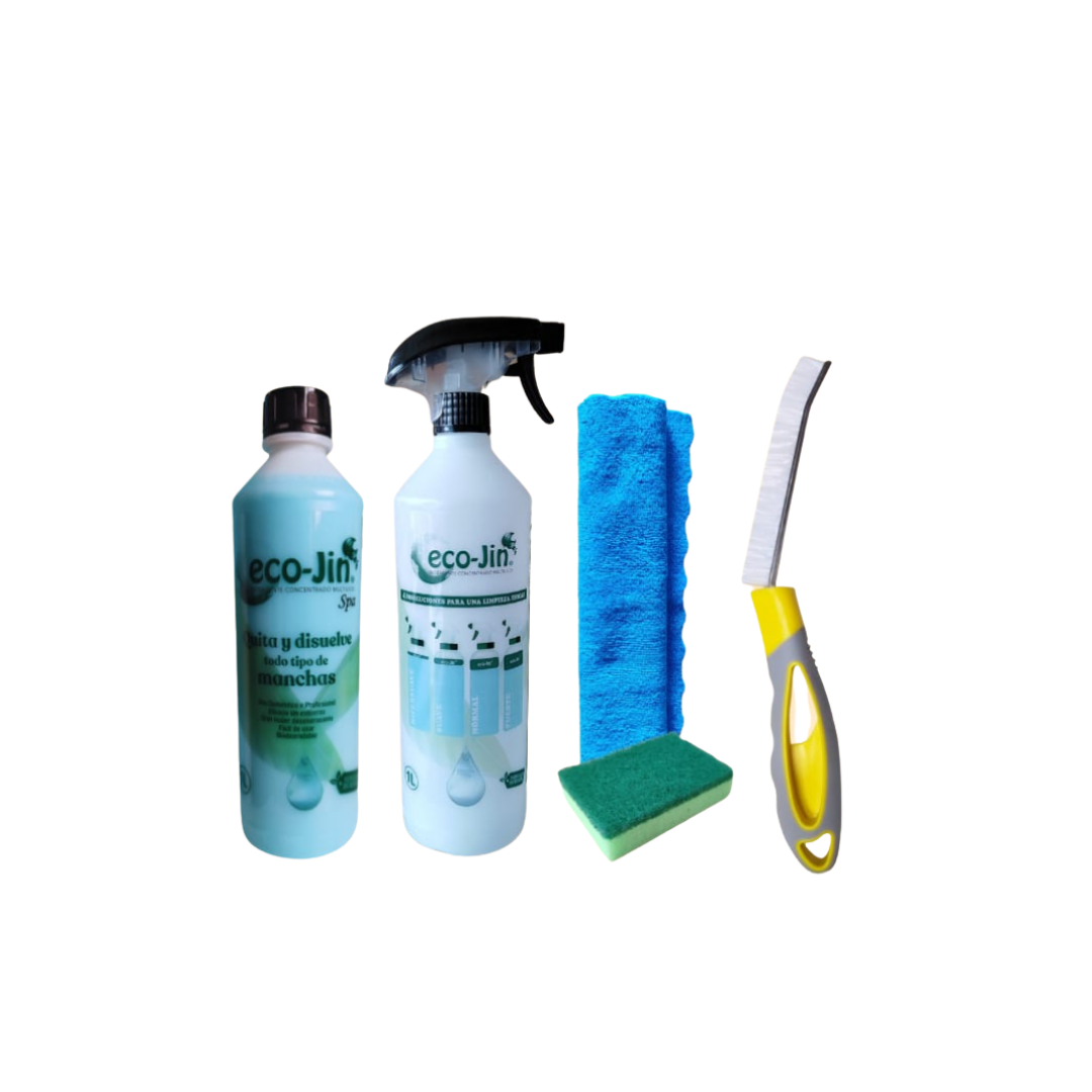 PACK 1: ECO-JIN ( AROMA A ELEGIR )+ BAYETA MICROFIBRA + ESTROPAJO ESPONJA + CEPILLO DE JUNTAS